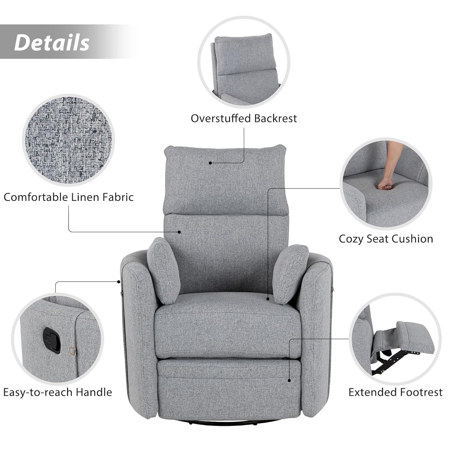 Swivel Rocker Glider Nursery, Manual Recliner Chair Single Sofa Chair for Adults, Linen Fabric Rocker Chair with Removable Pillows for Living Room, Bedroom, Dark Grey