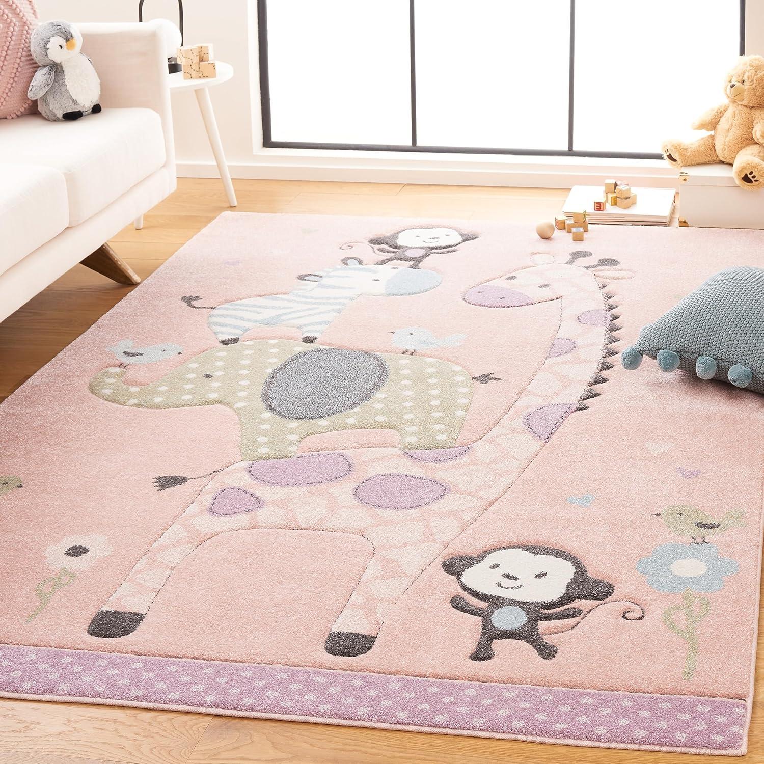 SAFAVIEH Carousel Kids Taneka Animals at Play Area Rug, Blush Pink, 4' x 6'