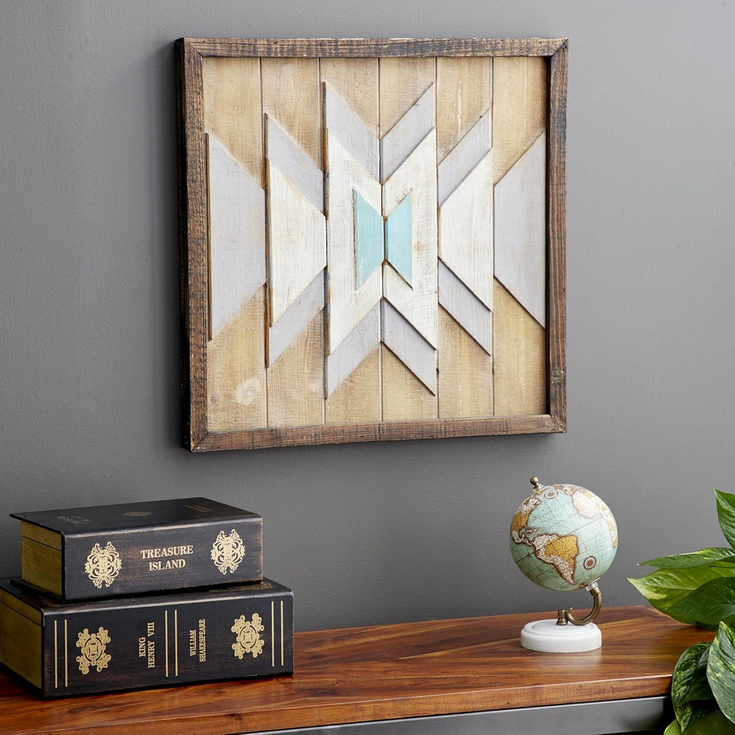 DecMode Farmhouse Distressed Rectangular Wood Wall Décor with Multi Colored Geometric Pattern, 46"W x 23"H