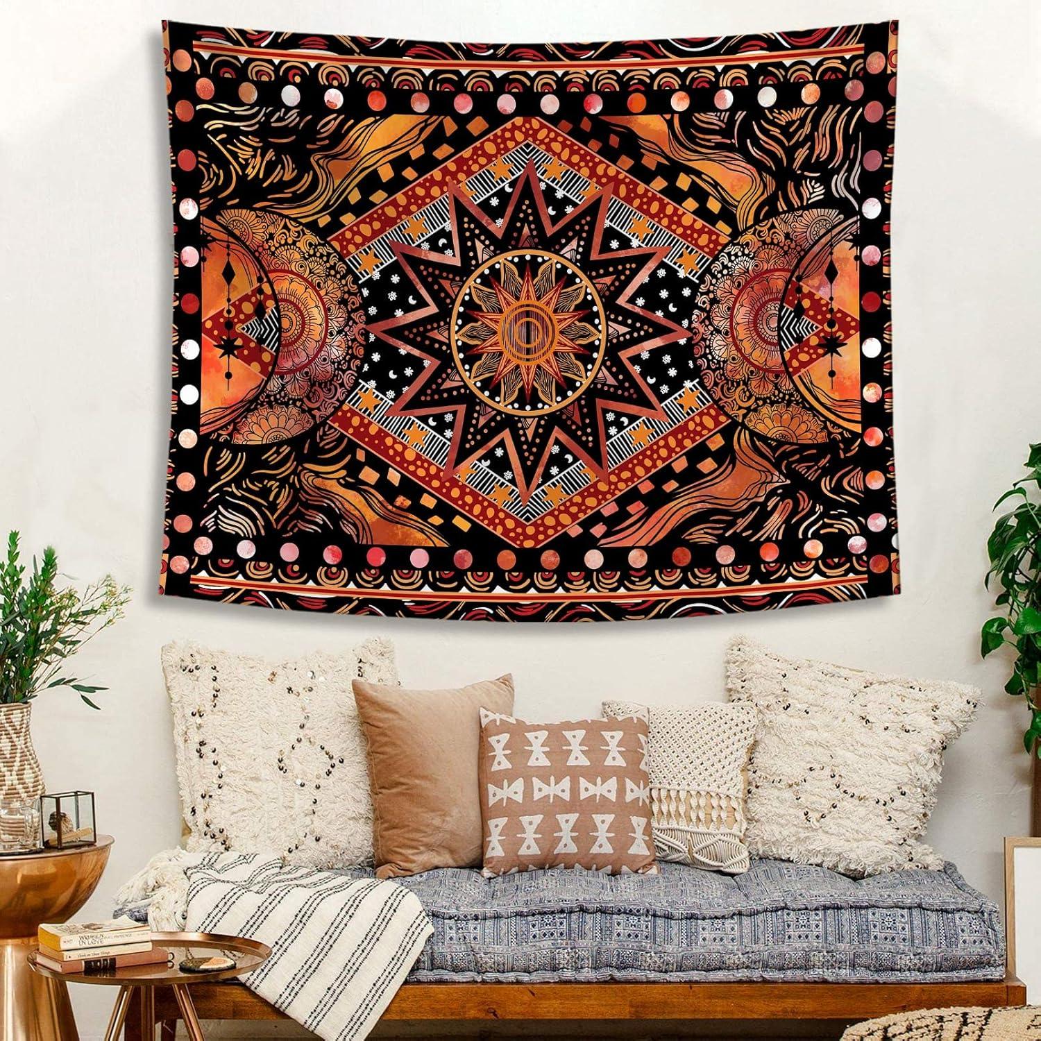 Orange Sun and Moon Tapestry Wall Hanging, Indie Hippie Mandala Cool Wall Tapestries, Aesthetic Tapestry for Bedroom Living Room Dorm (Orange, 60'''' × 80'''')