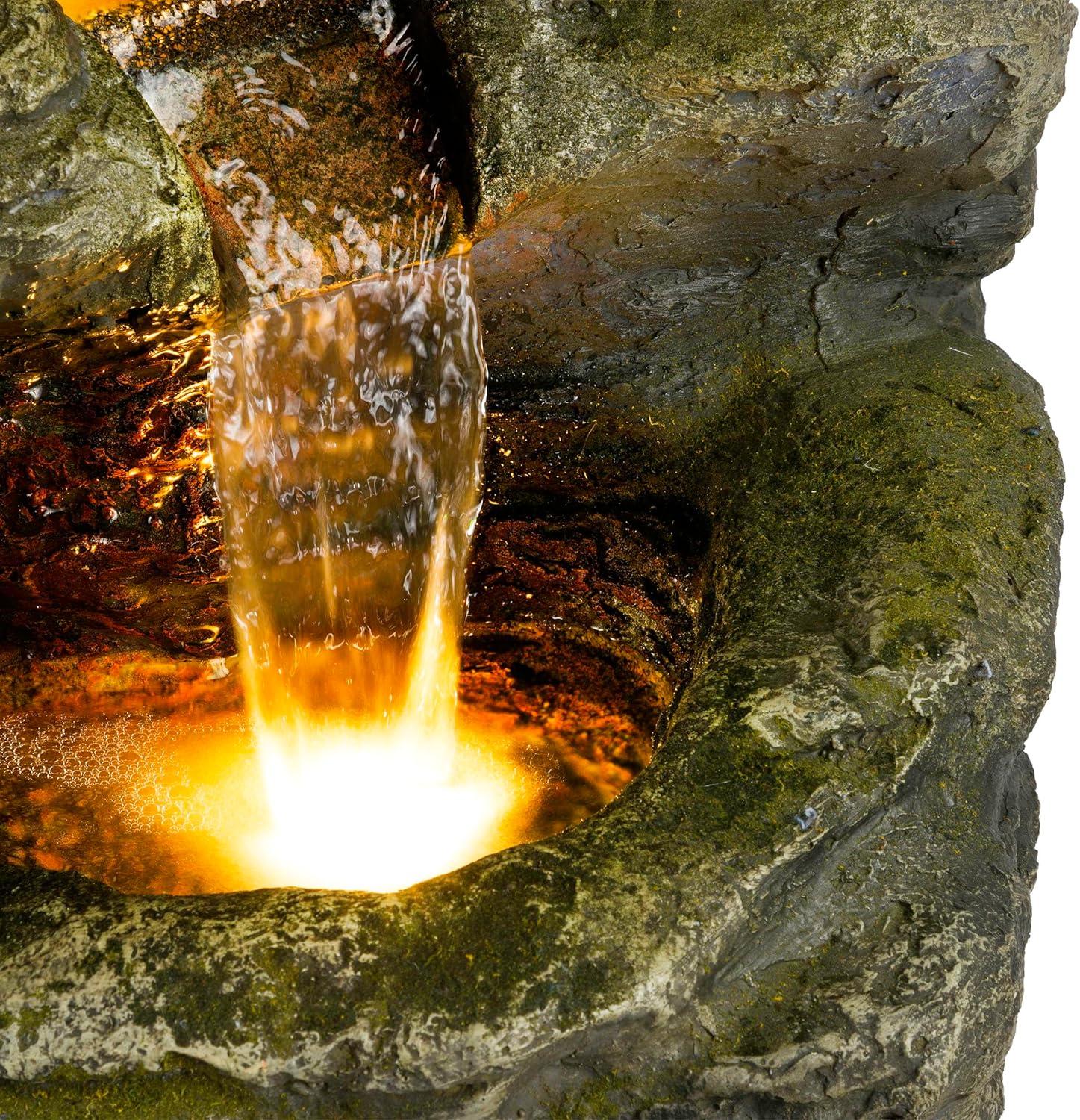 51" Resin Rock Cascading Fountain with LED Lights Gray - Alpine Corporation: Waterfall Feature, Birdbath
