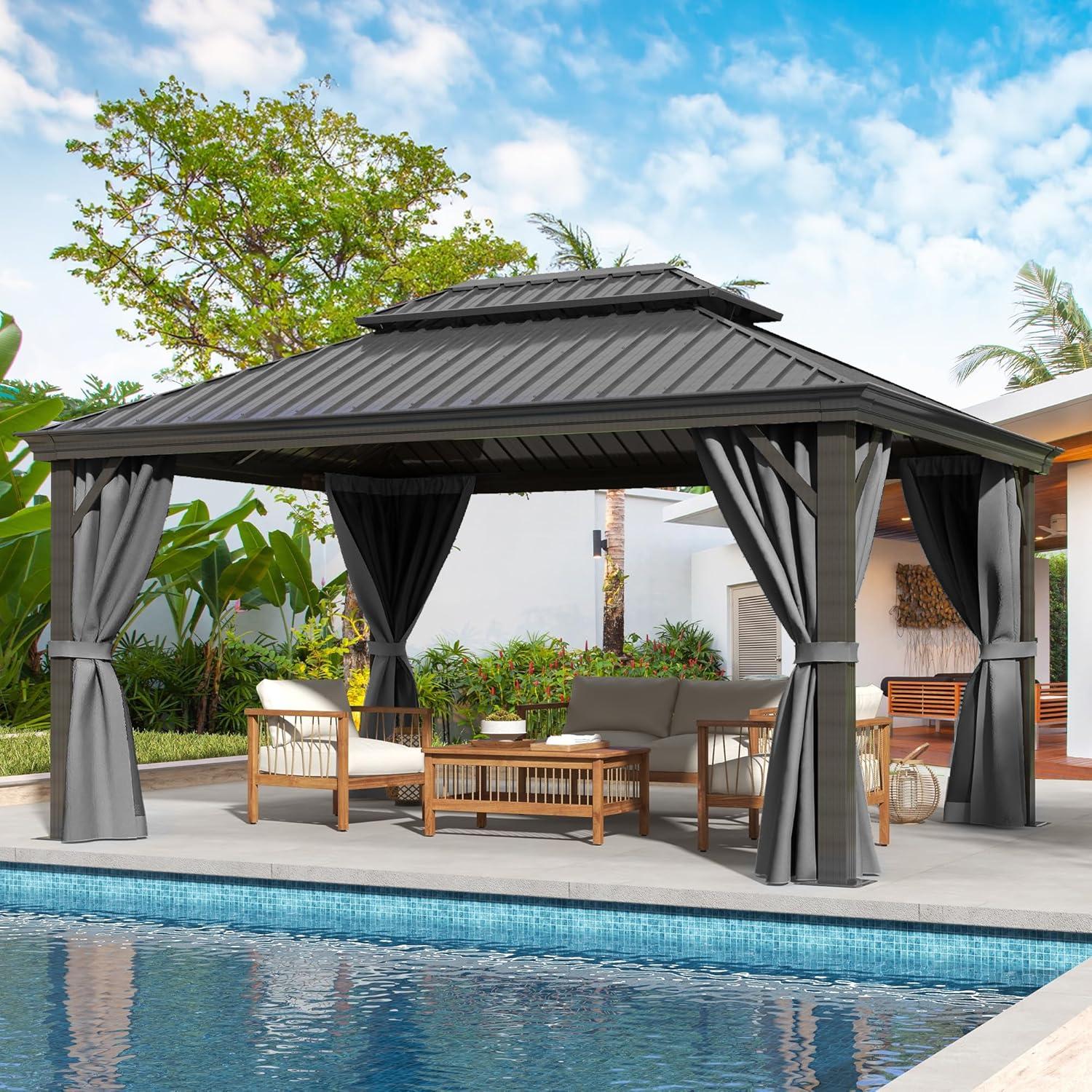 Kozyard Kozyard Alexander Gray Double Roof Hardtop Gazebo with Privacy Curtain Mosquito Netting
