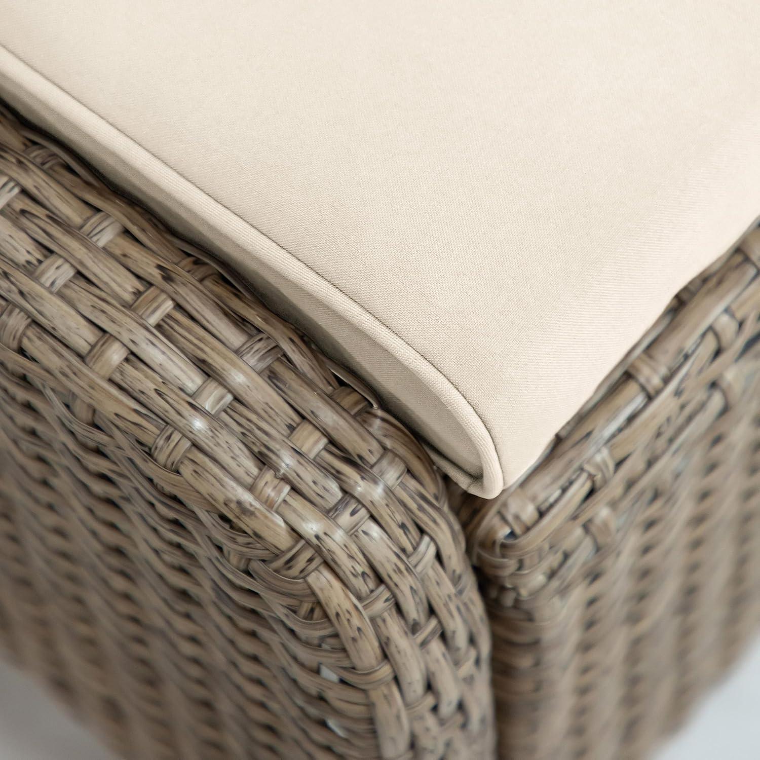 Beige and Natural Brown Wicker Outdoor Ottomans with Cushions, Set of 2