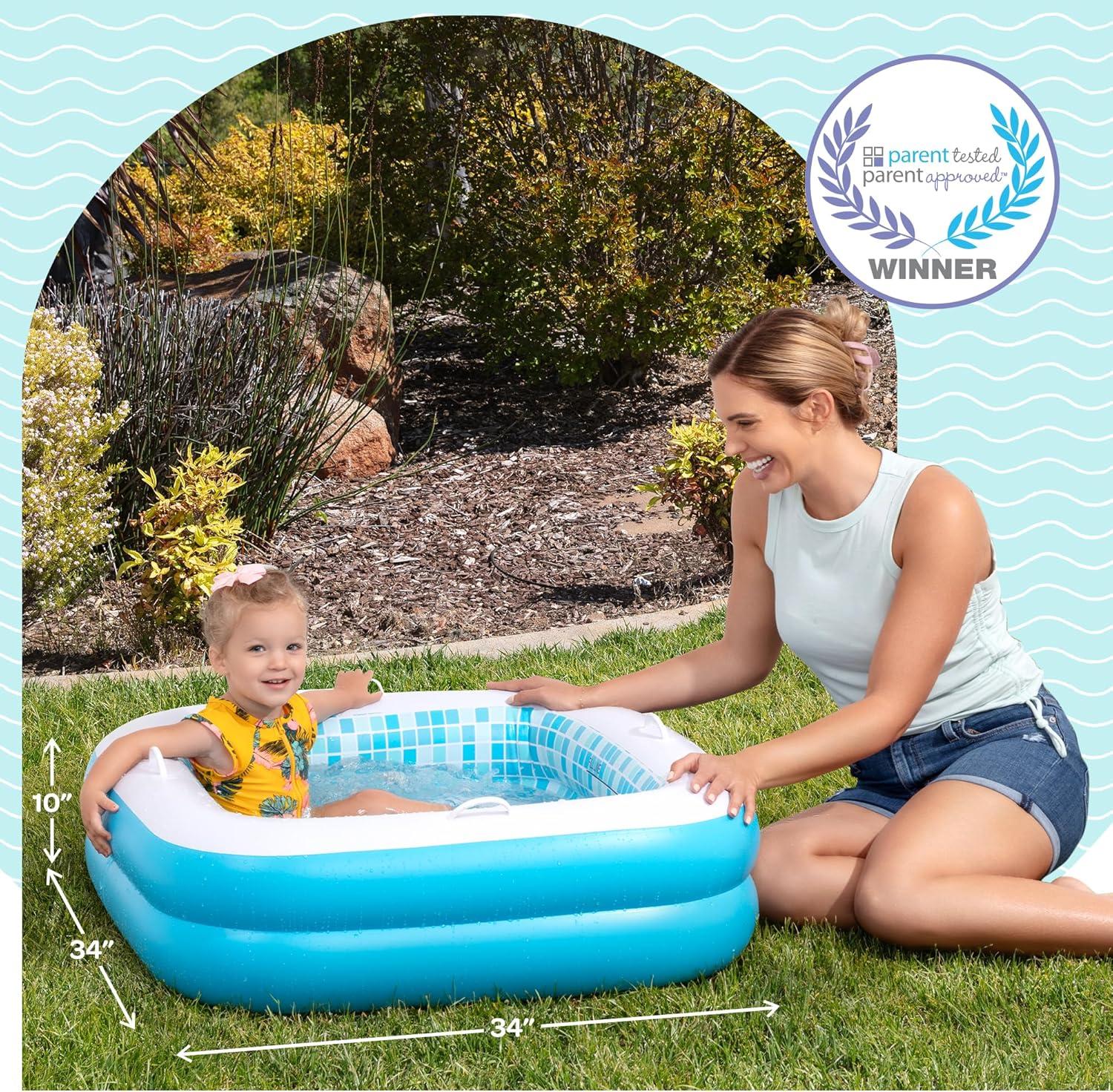 Baby Pool with Grip Handles, Padded Floor, Drain; Bathtub & Ball Pit for Toddlers, 34" Summer Blue