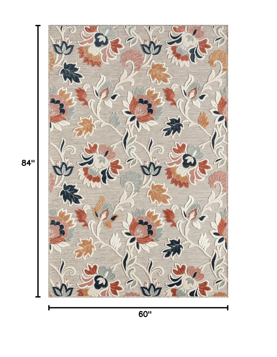 HomeRoots 5' X 7' Blue And Gray Floral Stain Resistant Indoor Outdoor Area Rug