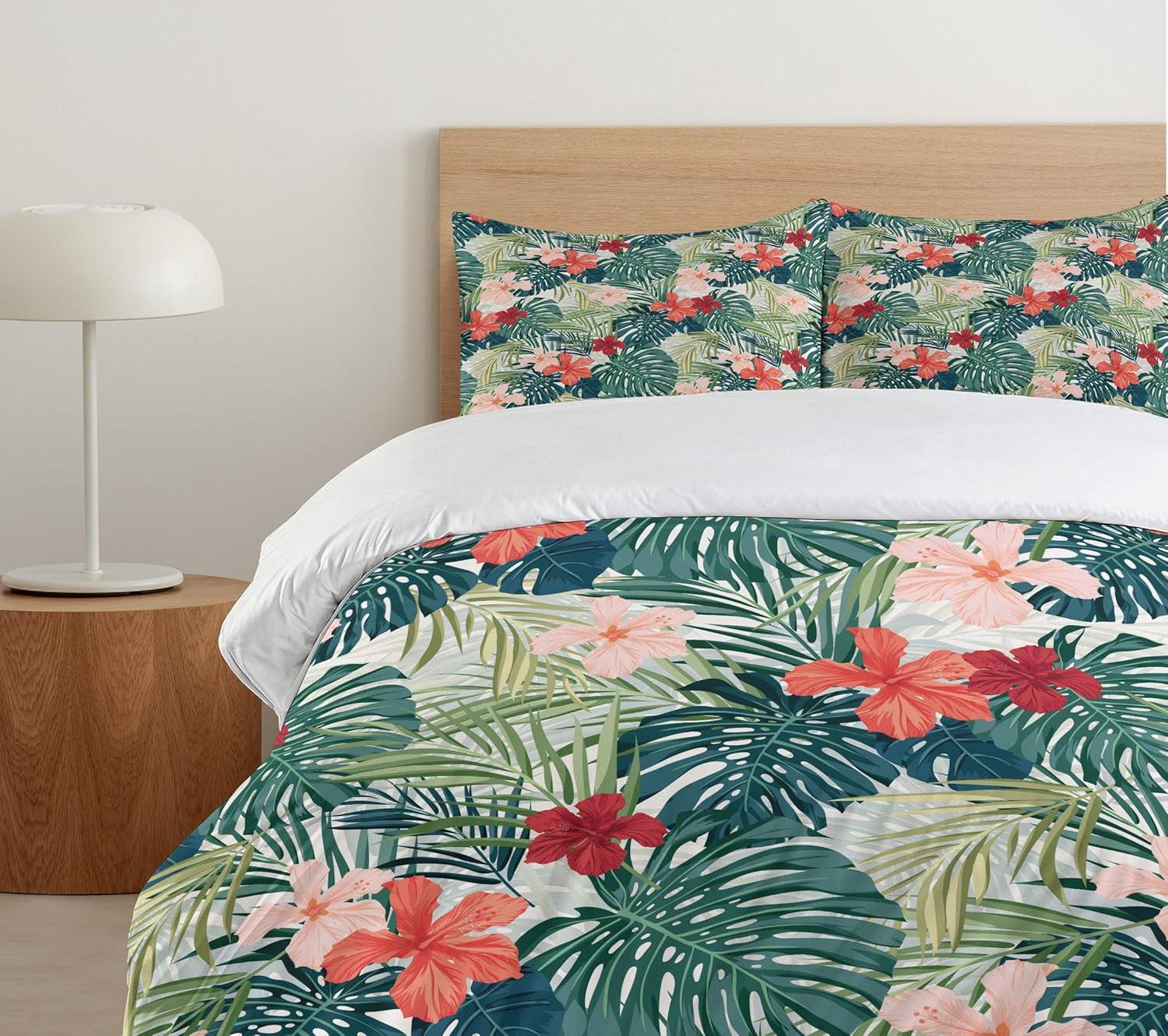 Leaf Duvet Cover Set Twin Size, Summer Beach Holiday Themed Hibiscus Plumeria Crepe Ginger Flowers, Decorative 2 Piece Bedding Set with 1 Pillow Sham, Pink Red Green and Dark Green, by Ambesonne