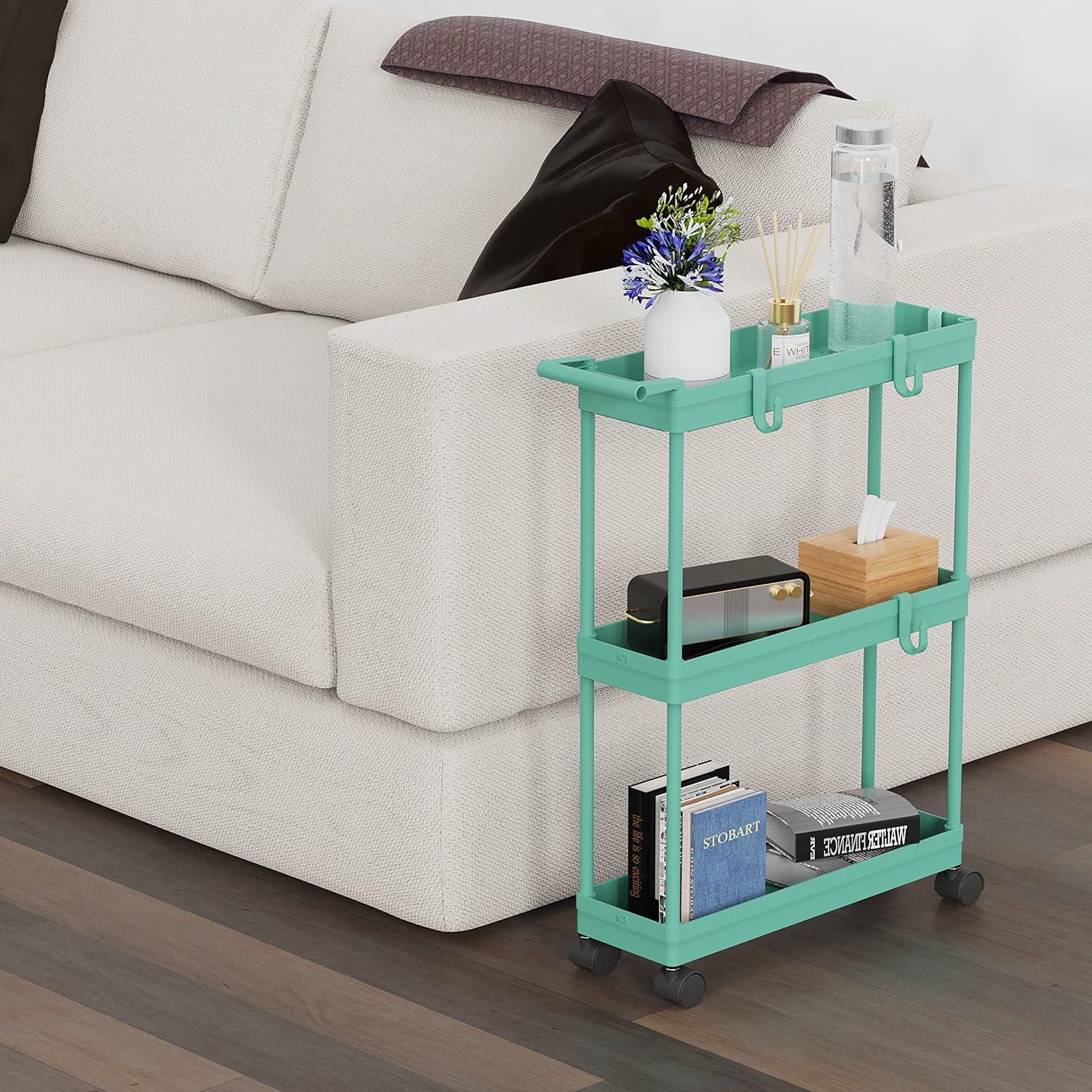 3-Tier Slim/Super Narrow Kitchen Cart with Handle, Hooks and Storage with Shelves,Turquoise