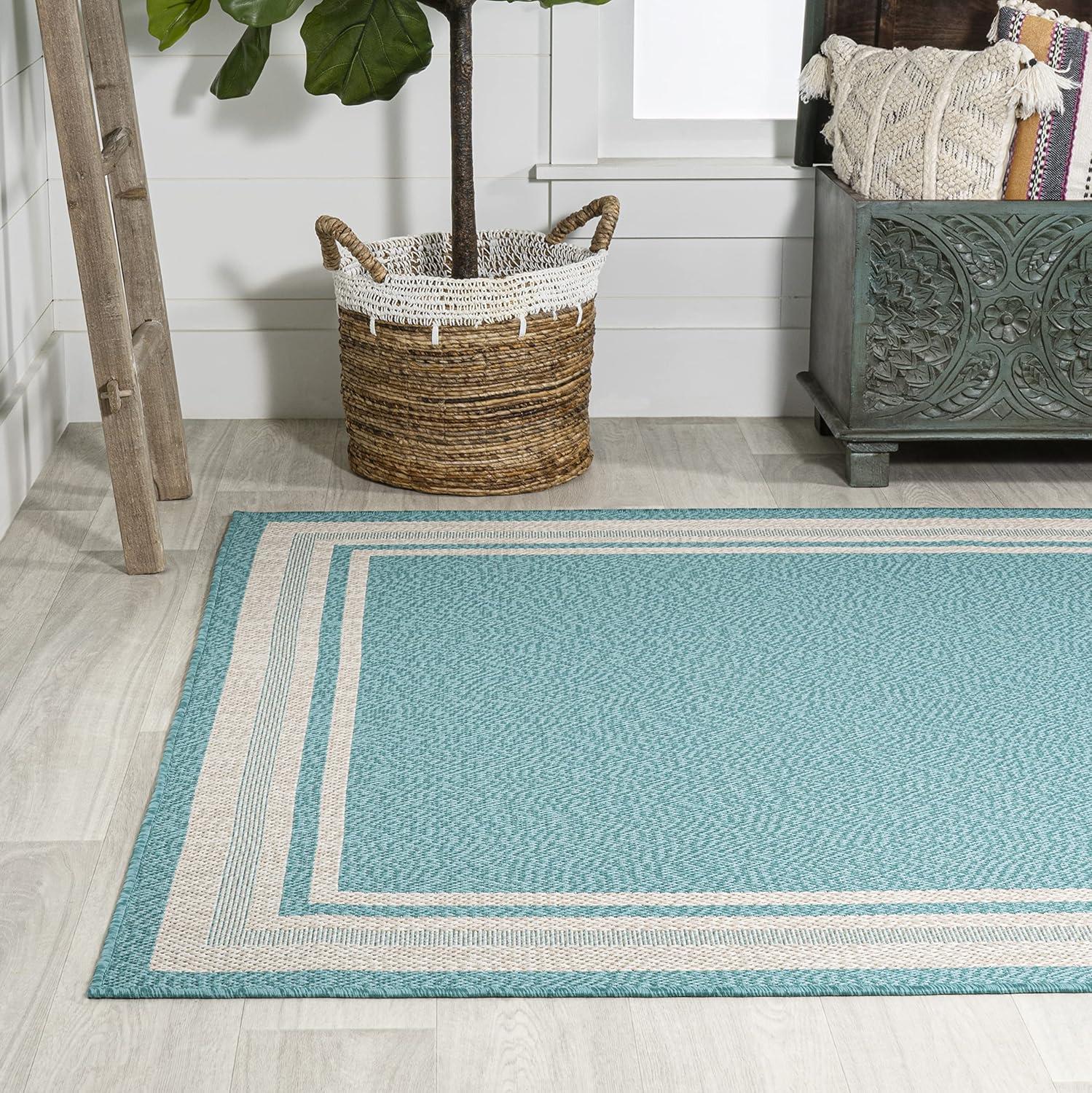 5' x 8' James Modern Border Stripe Indoor/Outdoor Area Rug, Aqua/Beige - JONATHAN Y