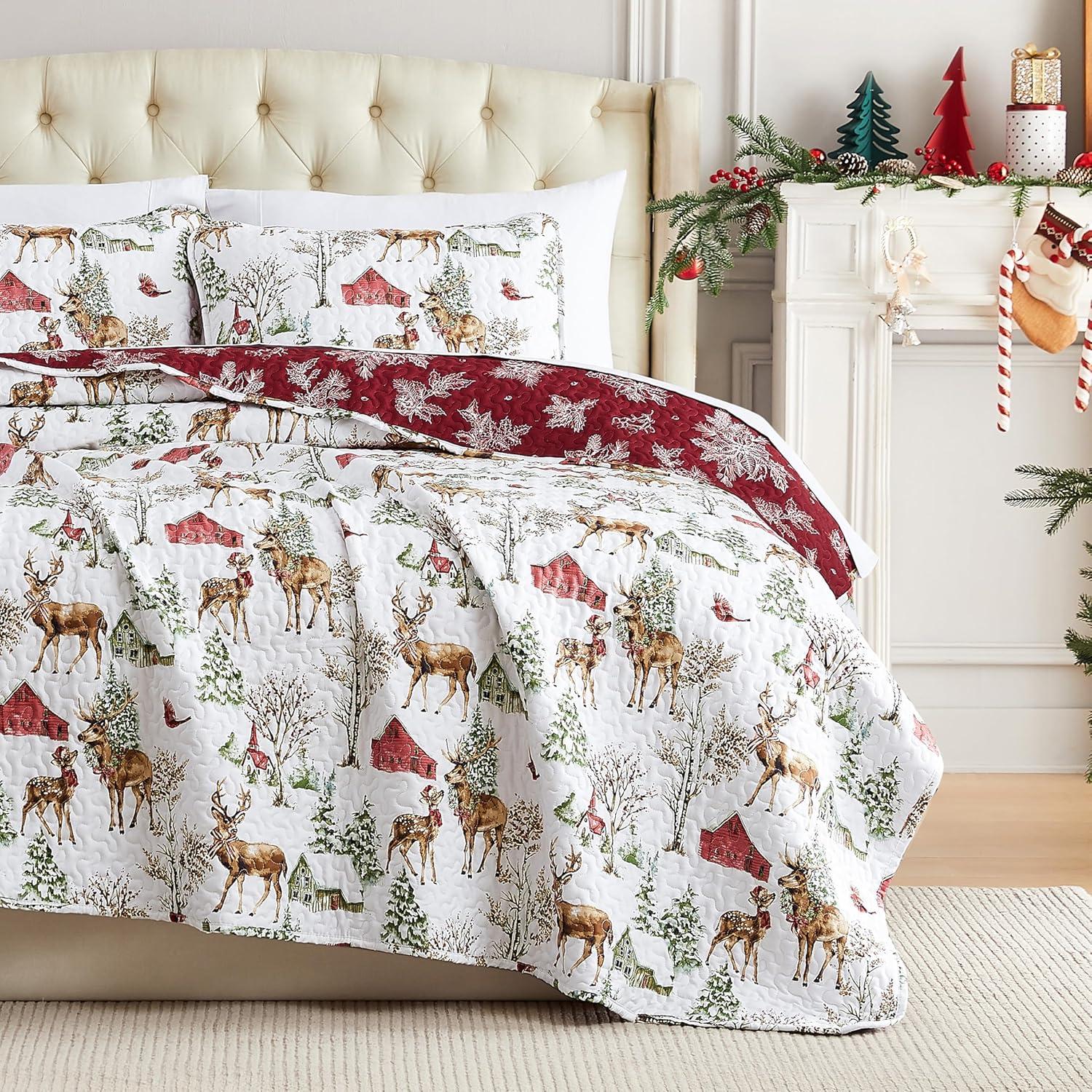 White and Red Reversible Christmas Twin Microfiber Quilt Set