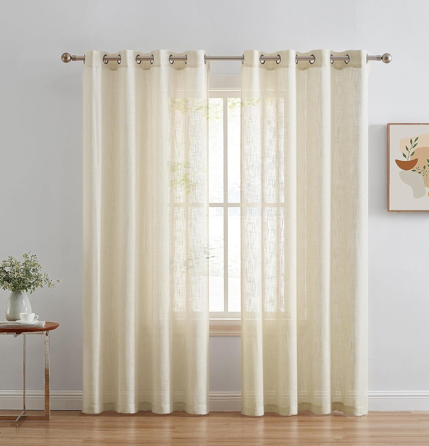 THD Serena Faux Linen Textured Semi Sheer Transparent Window Grommet Long Thick Curtain Panels, Pair