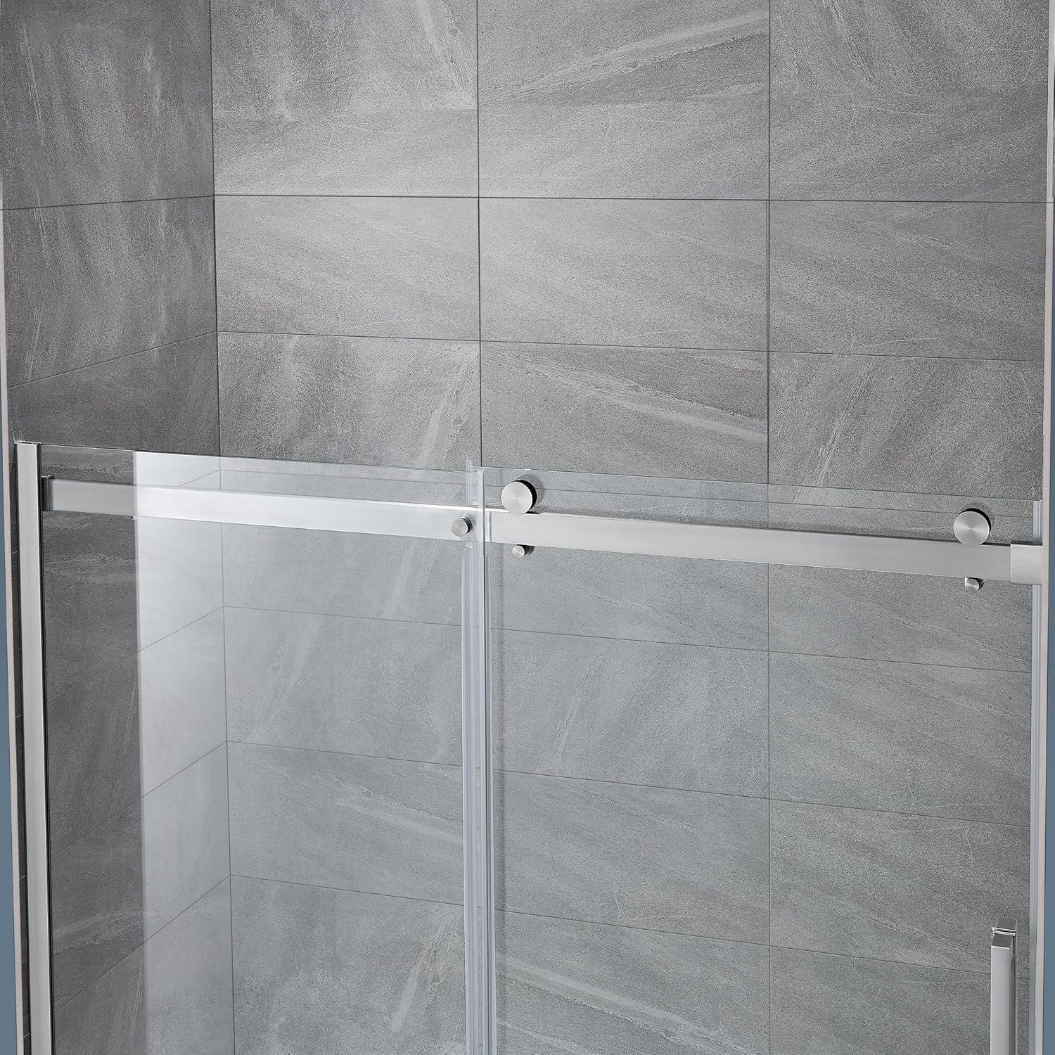 OVE Decors Bel Soft Close Satin nickel 72-in W x 78.75-in H Frameless Clear Glass Sliding Soft Close Shower door