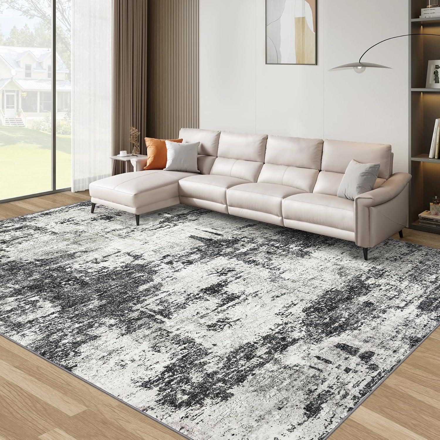 5' x 7' Black and Gray Abstract Washable Area Rug