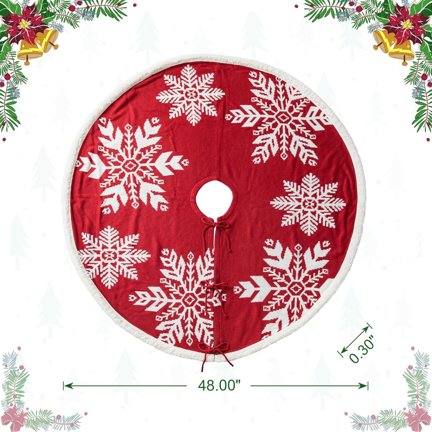 Red and White Knitted Snowflake Christmas Tree Skirt, 48 Inches