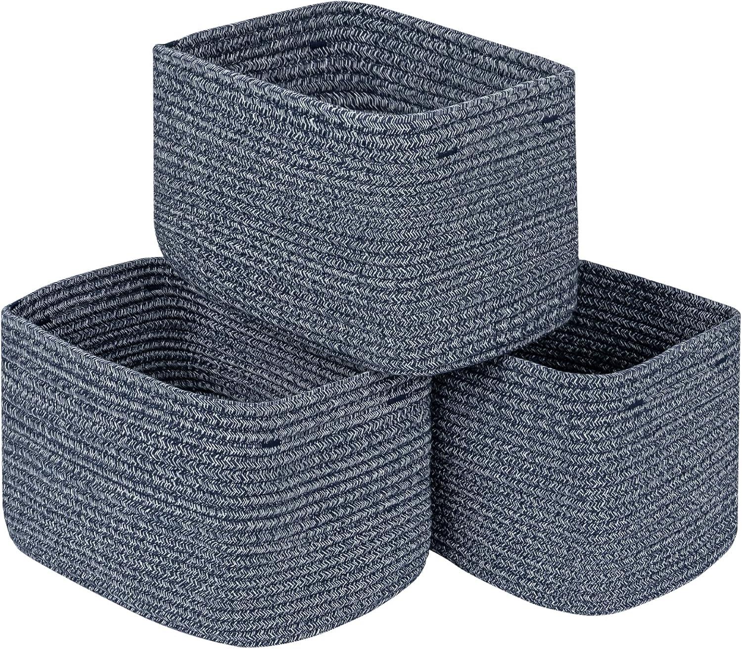 Design 3-Pack Storage Baskets for Shelves, Decorative Baskets for Organizing, Woven Baskets for Storage, Book Basket Cube Storage Bin Box, Pantry Closet and Shoe Organizers, Navy Blue