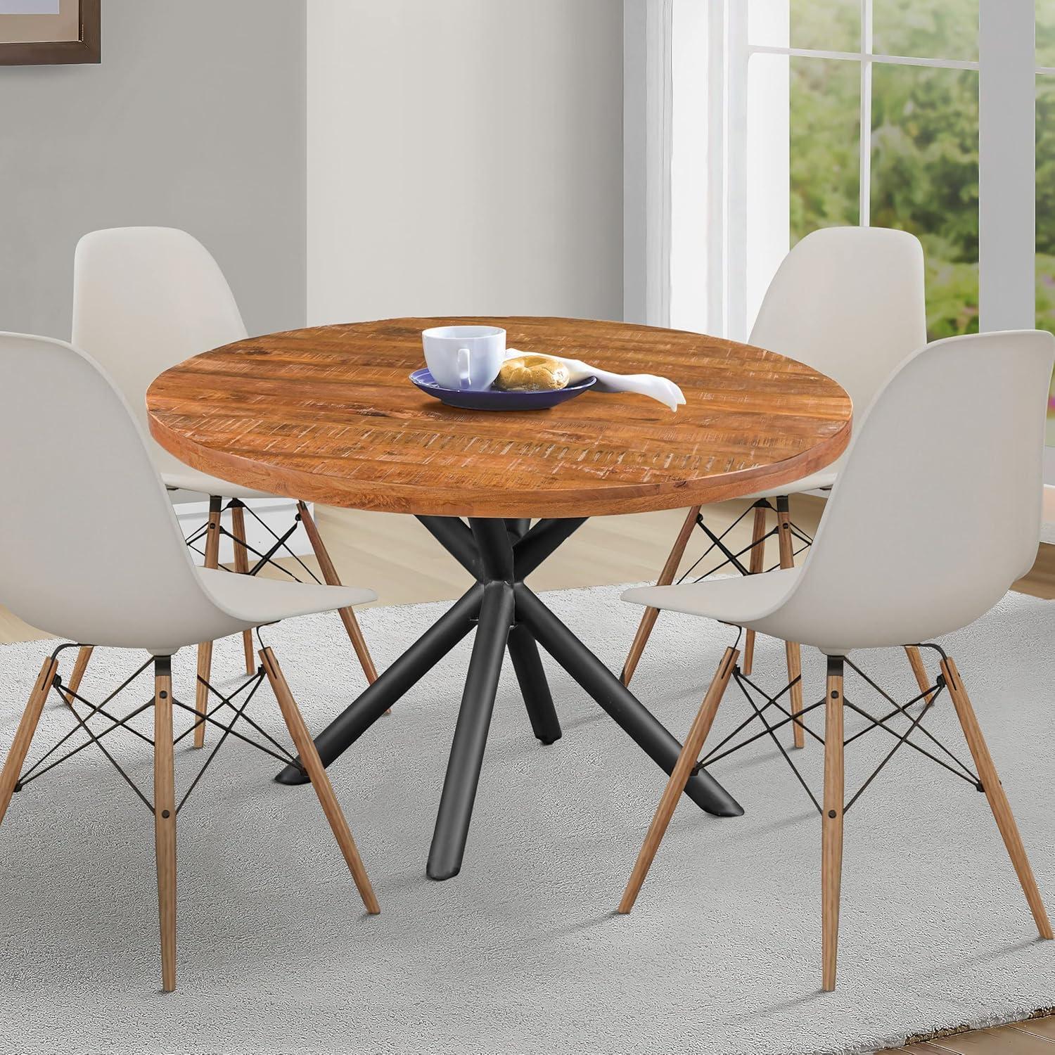 Rustic Farmhouse 48" Round Solid Mango Wood Dining Table with Iron Legs