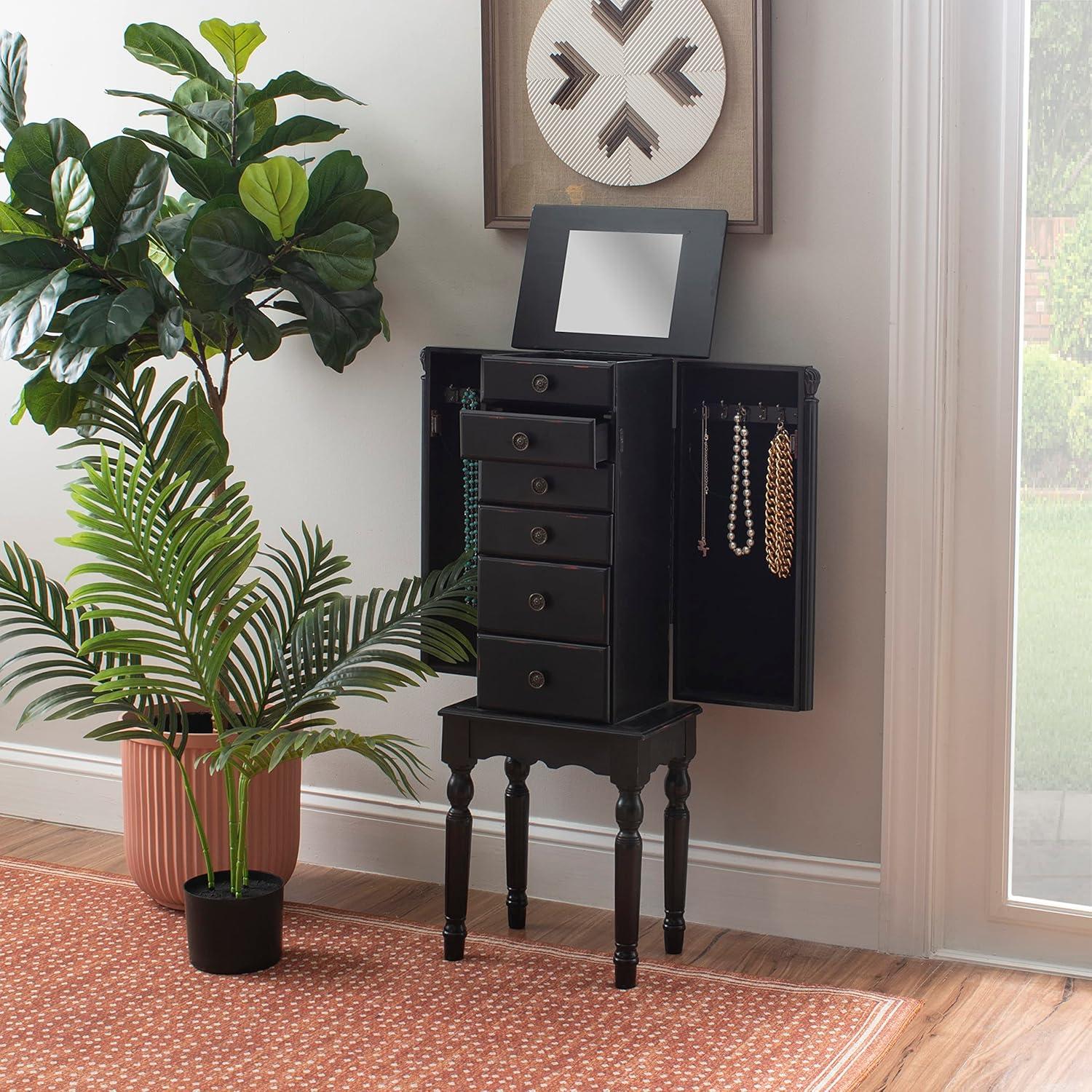 Petite Ebony Black Jewelry Armoire with Mirror and Plush Lining