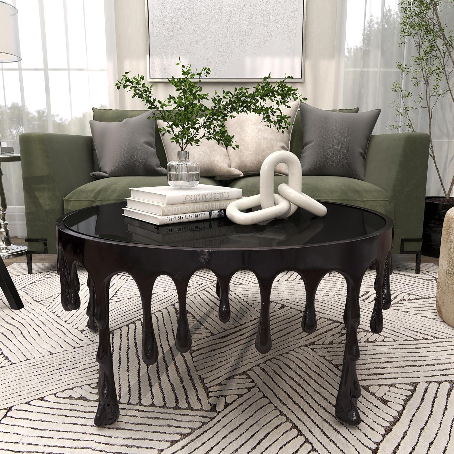 Deco 79 Aluminum Metal Living Room Coffee Table Drip Table with Melting Designed Legs and Shaded Glass Top, Center Table 36" x 36" x 16", Black