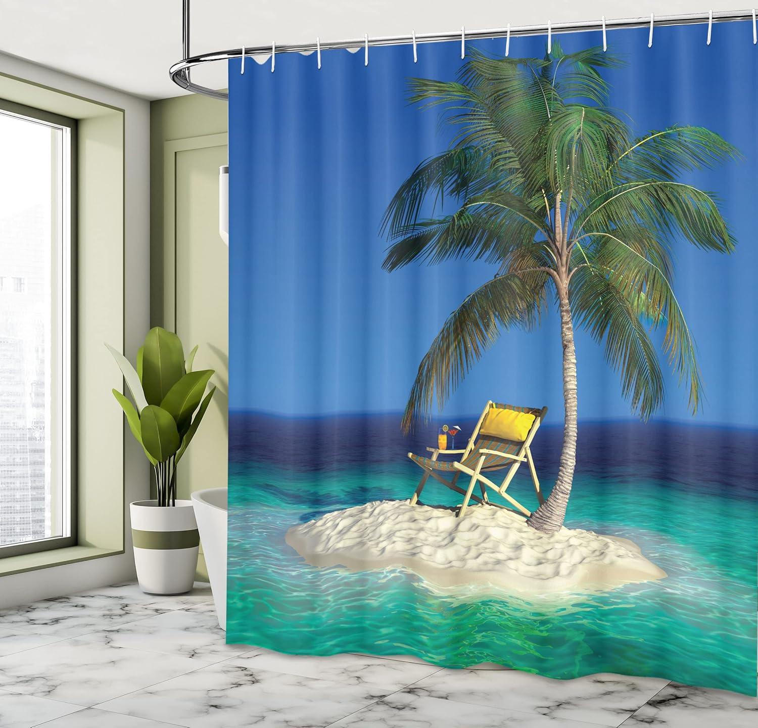 Ambesonne Tropic Shower Curtain, Chair Under a Palm Tree, 69"Wx70"L, Green Blue Yellow