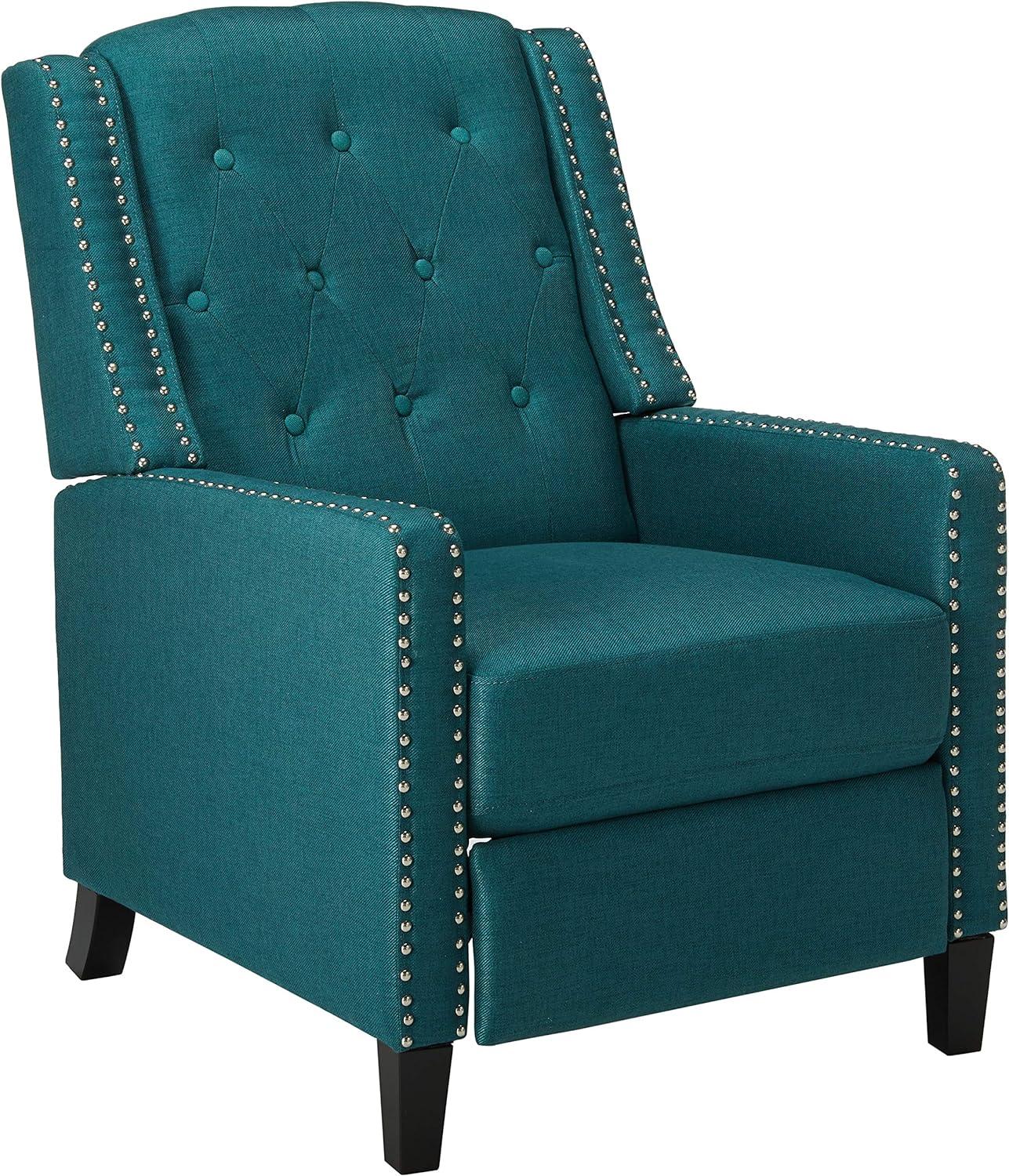 Teal Tufted Back Fabric Recliner with Dark Brown Legs