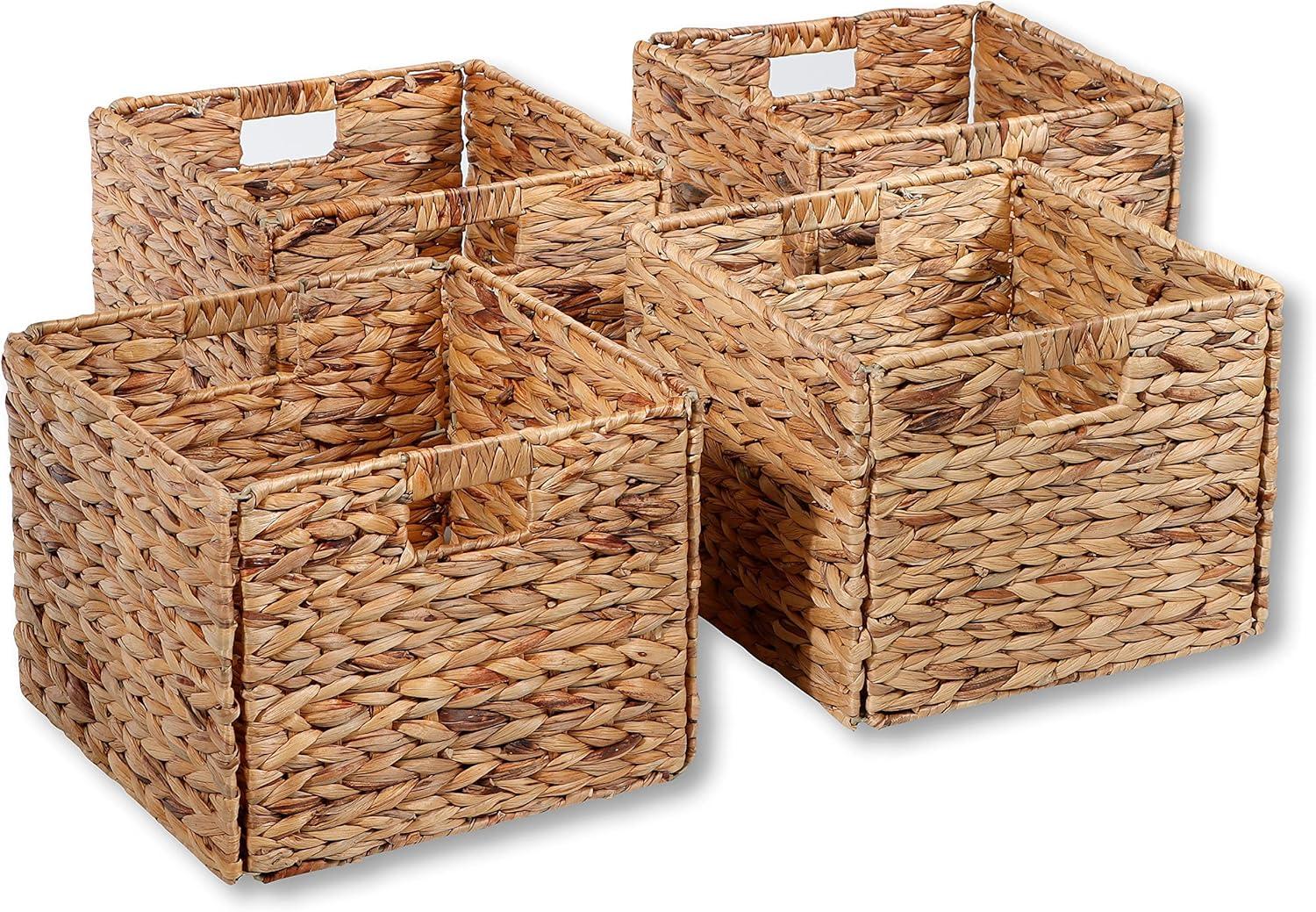 Foldable Water Hyacinth Storage Basket with Iron Wire Frame (Set of 4)