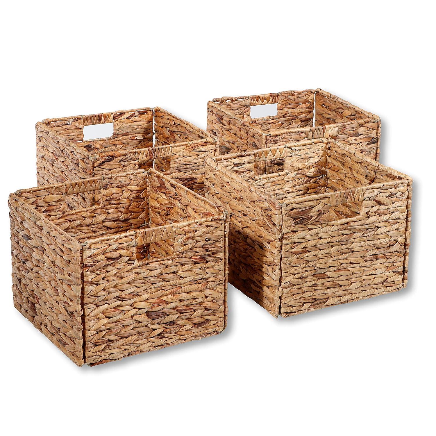 Foldable Water Hyacinth Storage Basket with Iron Wire Frame (Set of 4)