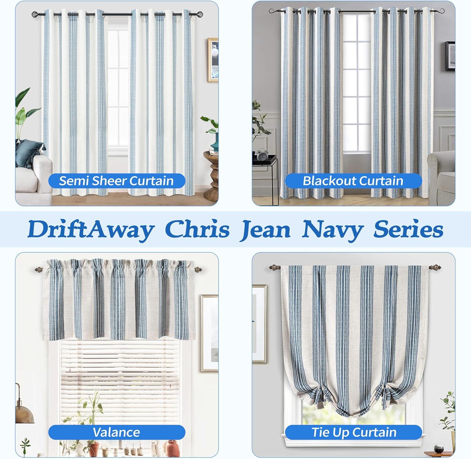 DriftAway Chris Vertical Striped Pattern Linen Textured Thermal Insulated Blackout Window Curtain Valance Rod Pocket 2 Layers Single, 52" x 14" Plus 2" Header, Jean Navy