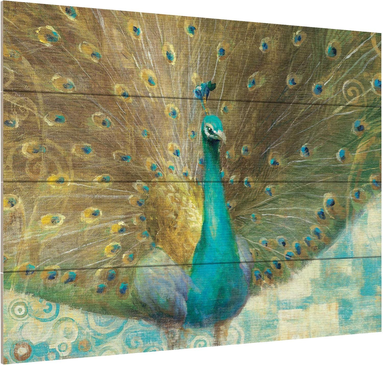 Trademark Fine Art -12"x16"  Danhui Nai 'Teal Peacock on Gold' Wood Slat Art