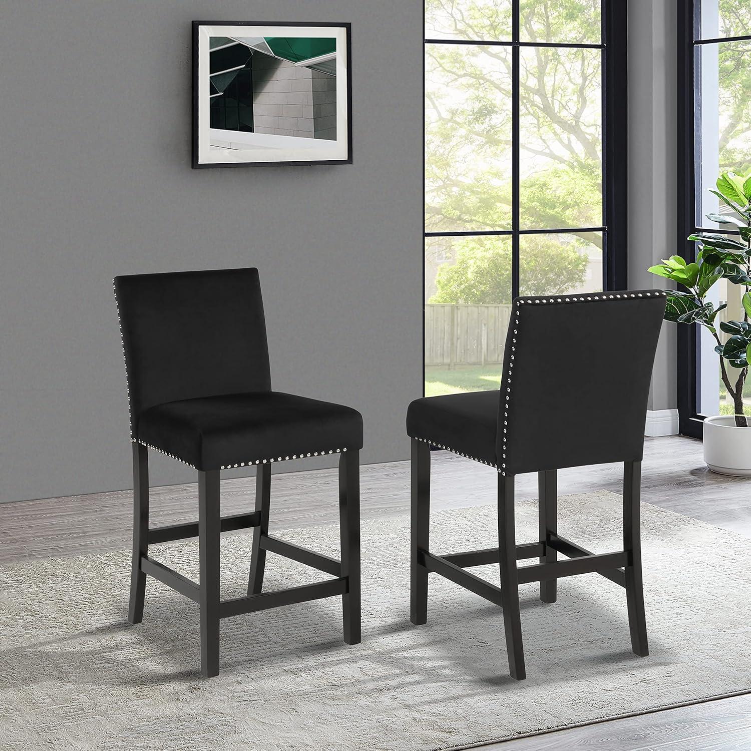 Cobre Contemporary Velvet Counter Stool with Nailhead Trim(Set of 2) in Black