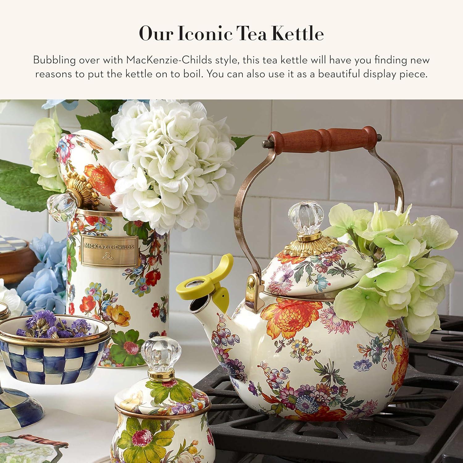 Extra Small Floral Enamel Whistling Tea Kettle with Wooden Handle