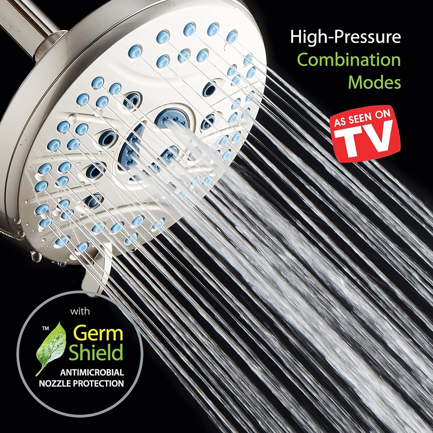 AquaCare AS-SEEN-ON-TV High Pressure 6-setting 6 inch Rainfall Shower Head with GermShield Anti-clog Nozzles Brushed