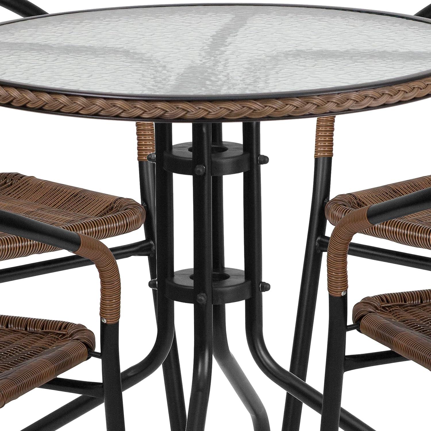 Flash Furniture 28'' Round Glass Metal Table with Dark Brown Rattan Edging and 4 Dark Brown Rattan Stack Chairs