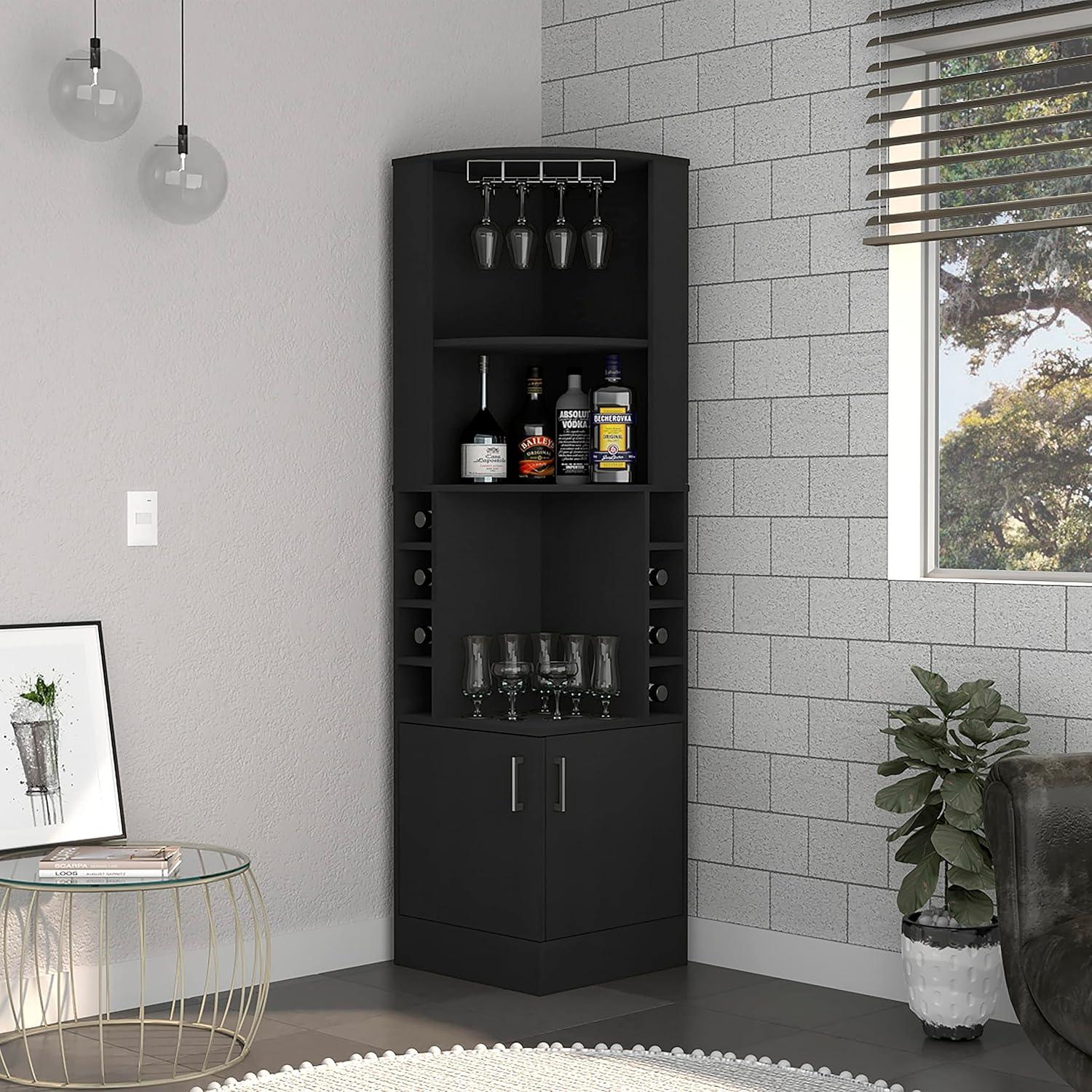 Depot E-Shop Corner Bar Cabinet, Double Door Cabinet, Glass Rack, Eight Built-in Wine Rack