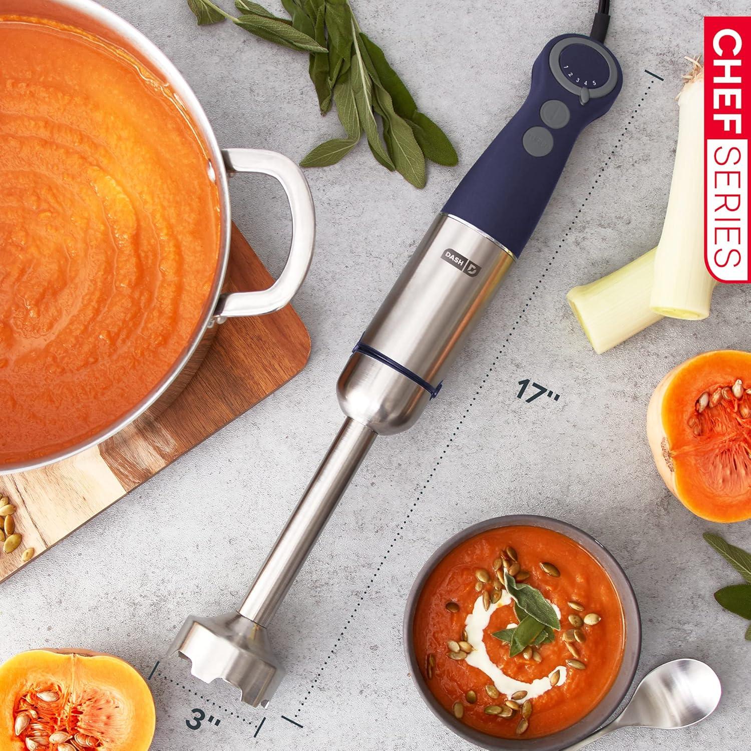 Dash Chef Series Deluxe Immersion Hand Blender, 5 Speed Stick Blender, Stainless Steel Blades, Dough Hooks, Food Processor, Grate, Mash, Slice, Whisk Attachments – Midnight - New