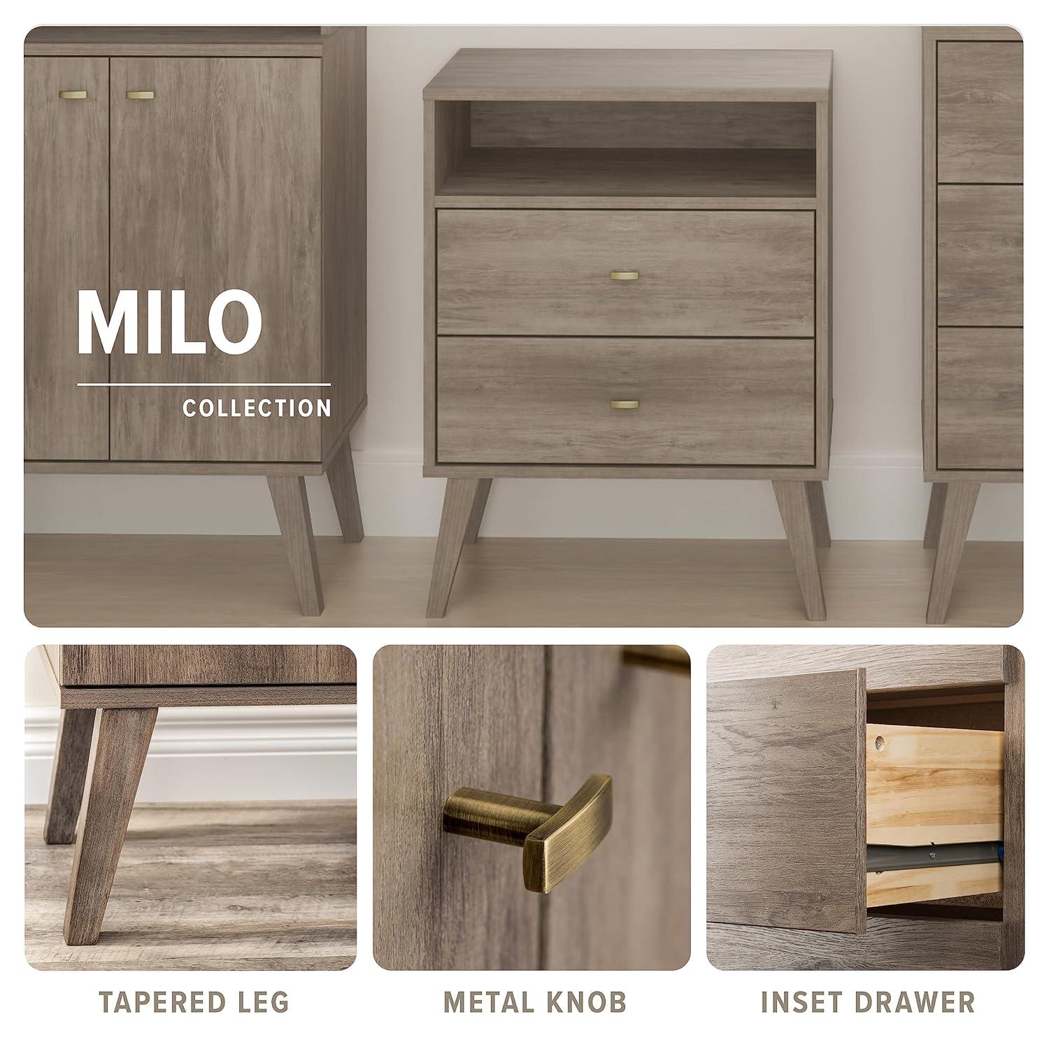 Prepac Mid Century Modern 2 Drawer Wide Nightstand Drifted Gray : Rubberwood Construction, Rectangle Shape, 25" Height
