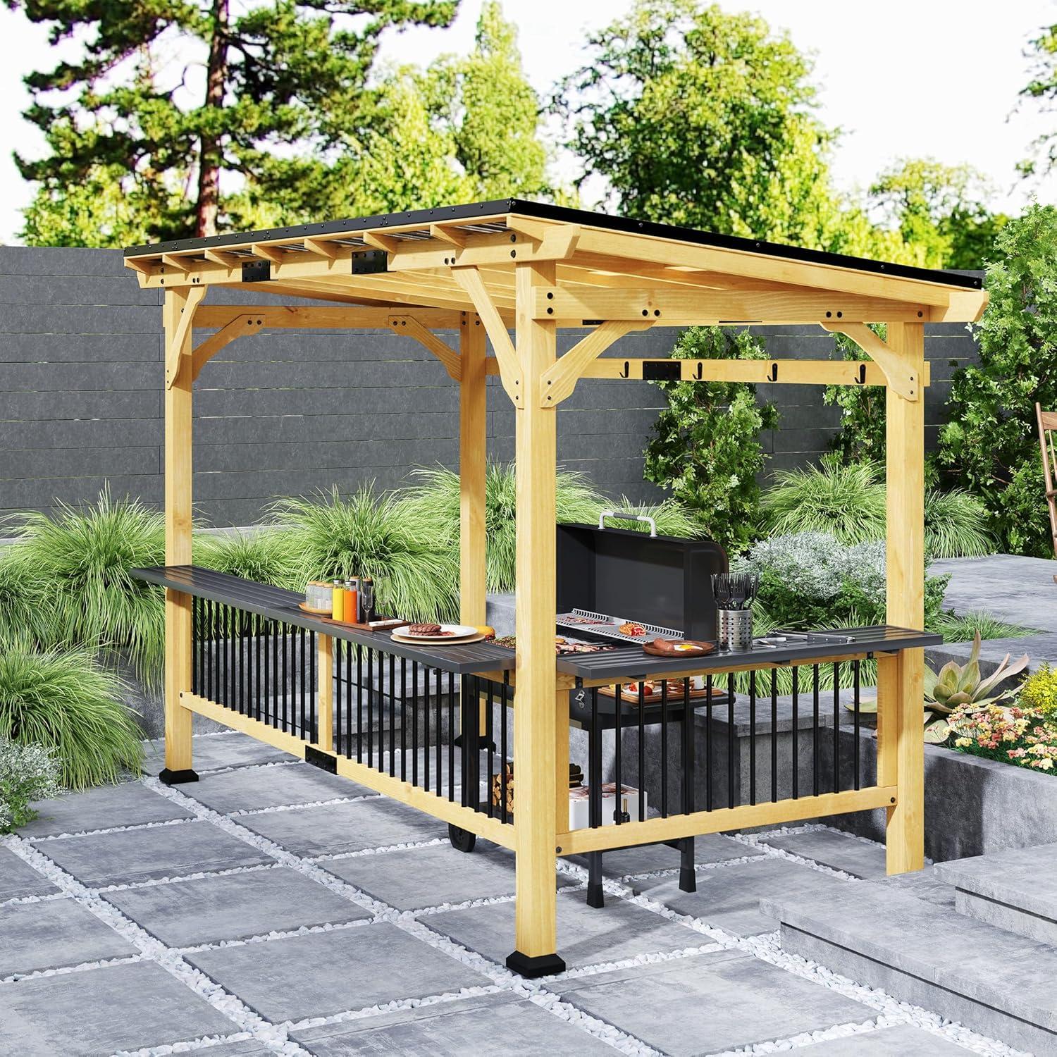 Outsunny 13' x 6' Wooden Grill Gazebo, Hardtop Outdoor BBQ Gazebo with with Metal Roof, 2 Bar Shelves and 6 Hooks for Patio, Deck, Yard, Natural