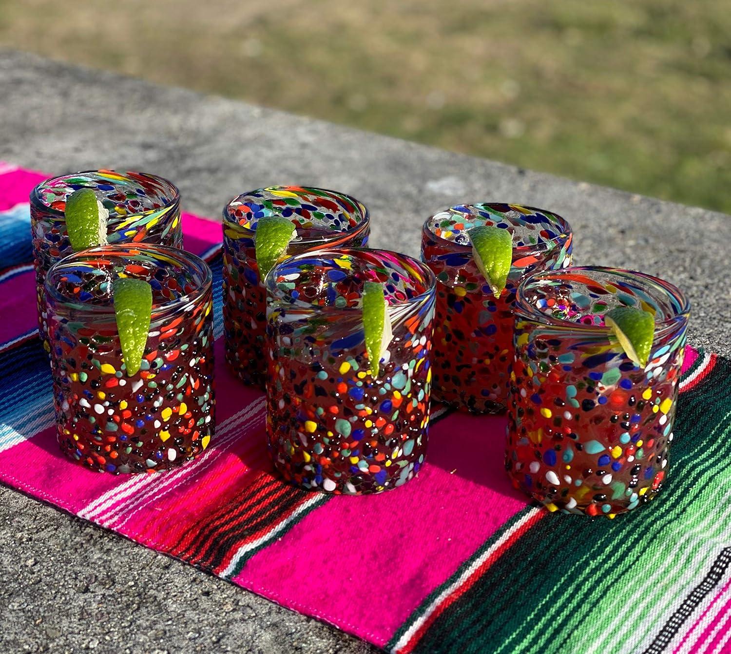 Dos Sueños Dos Suenos Hand Blown Mexican Drinking Glasses - Set of 6 Confetti Rock Tumbler Glasses (10 oz each)