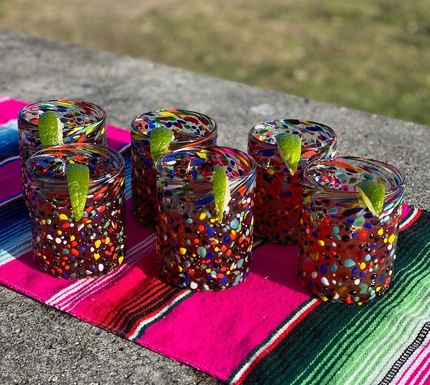 Dos Sueños Dos Suenos Hand Blown Mexican Drinking Glasses - Set of 6 Confetti Rock Tumbler Glasses (10 oz each)