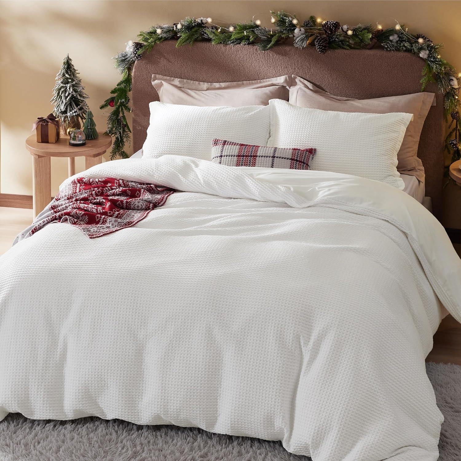 King Size White Cotton Waffle Weave Duvet Cover Set