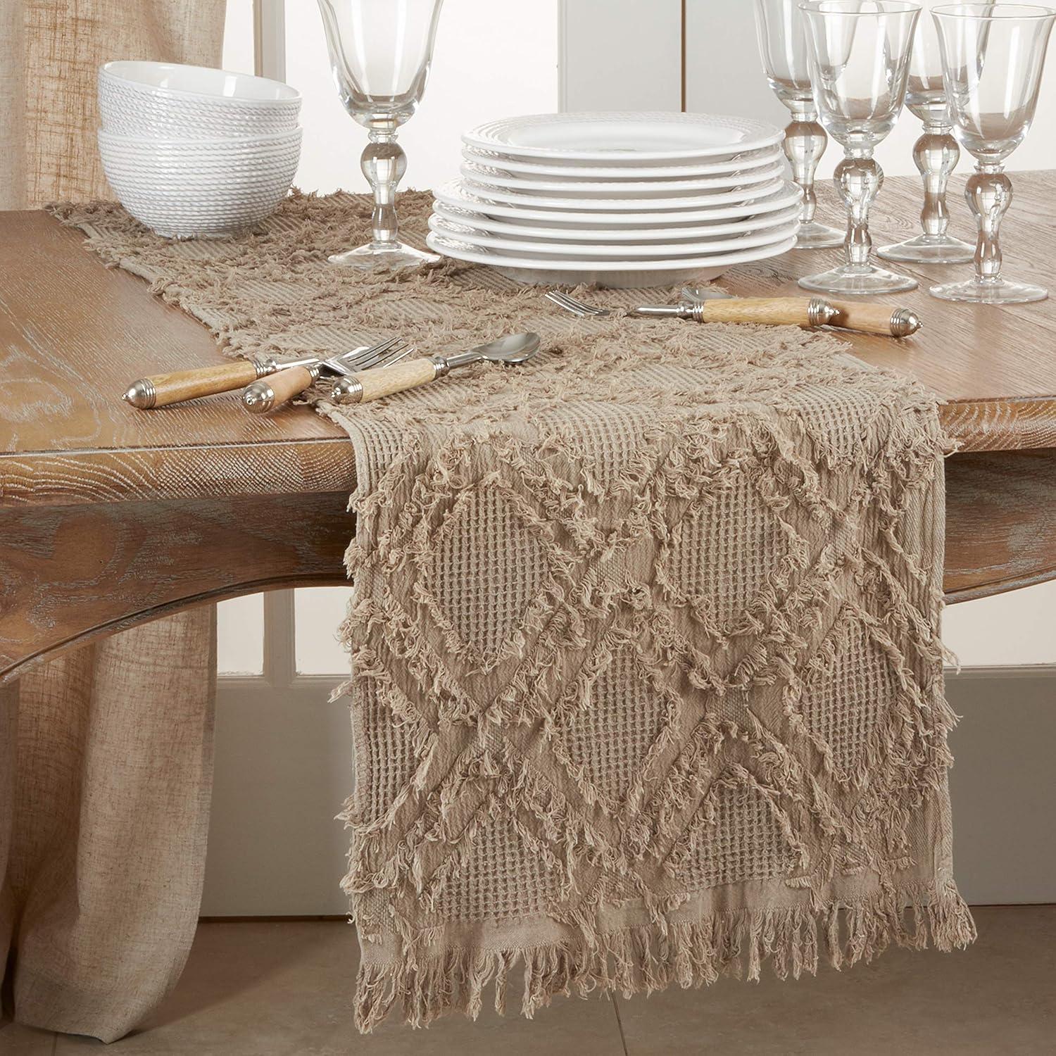 Saro Lifestyle Fringe Waffle Weave Table Runner