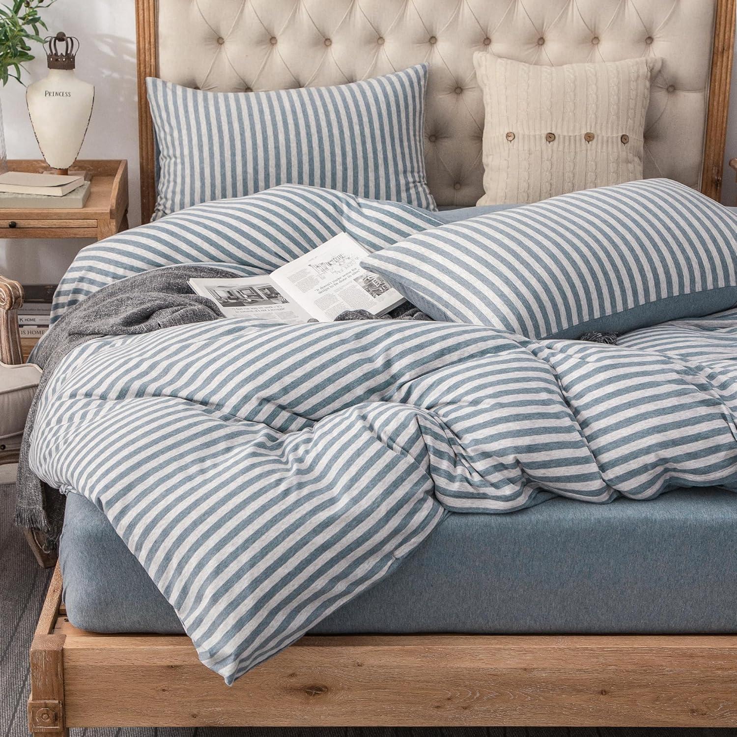 King Blueish Grey Striped Cotton Jersey Knit Duvet Cover Set