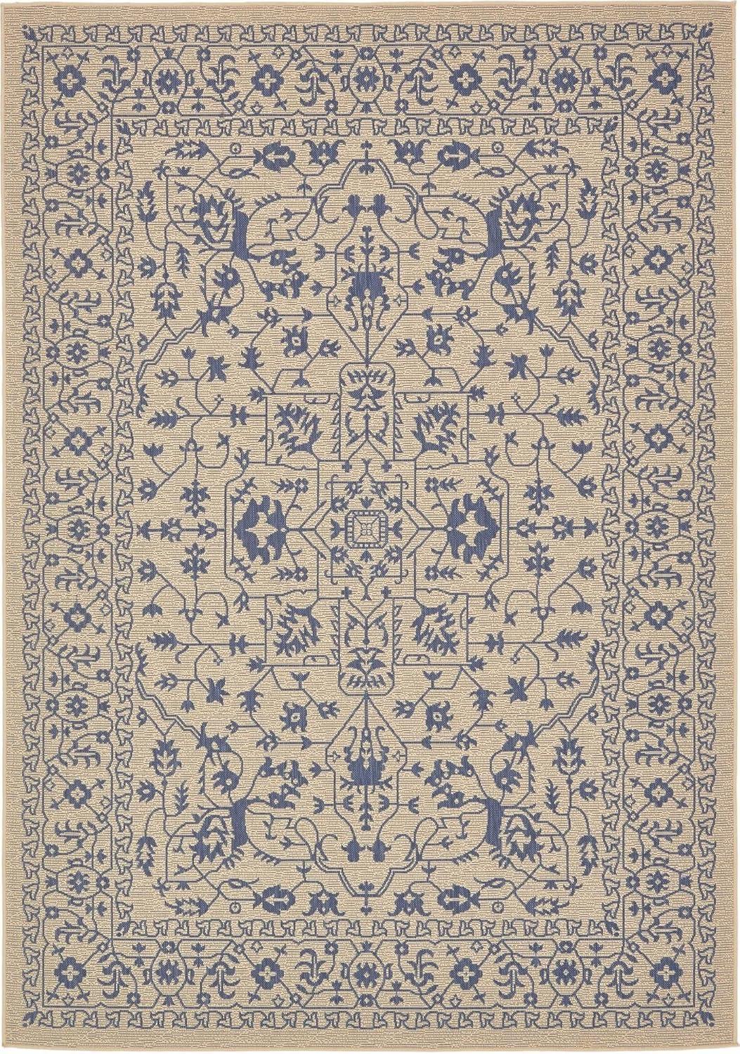 Beige and Blue Abstract Outdoor Synthetic Area Rug 7'x10'