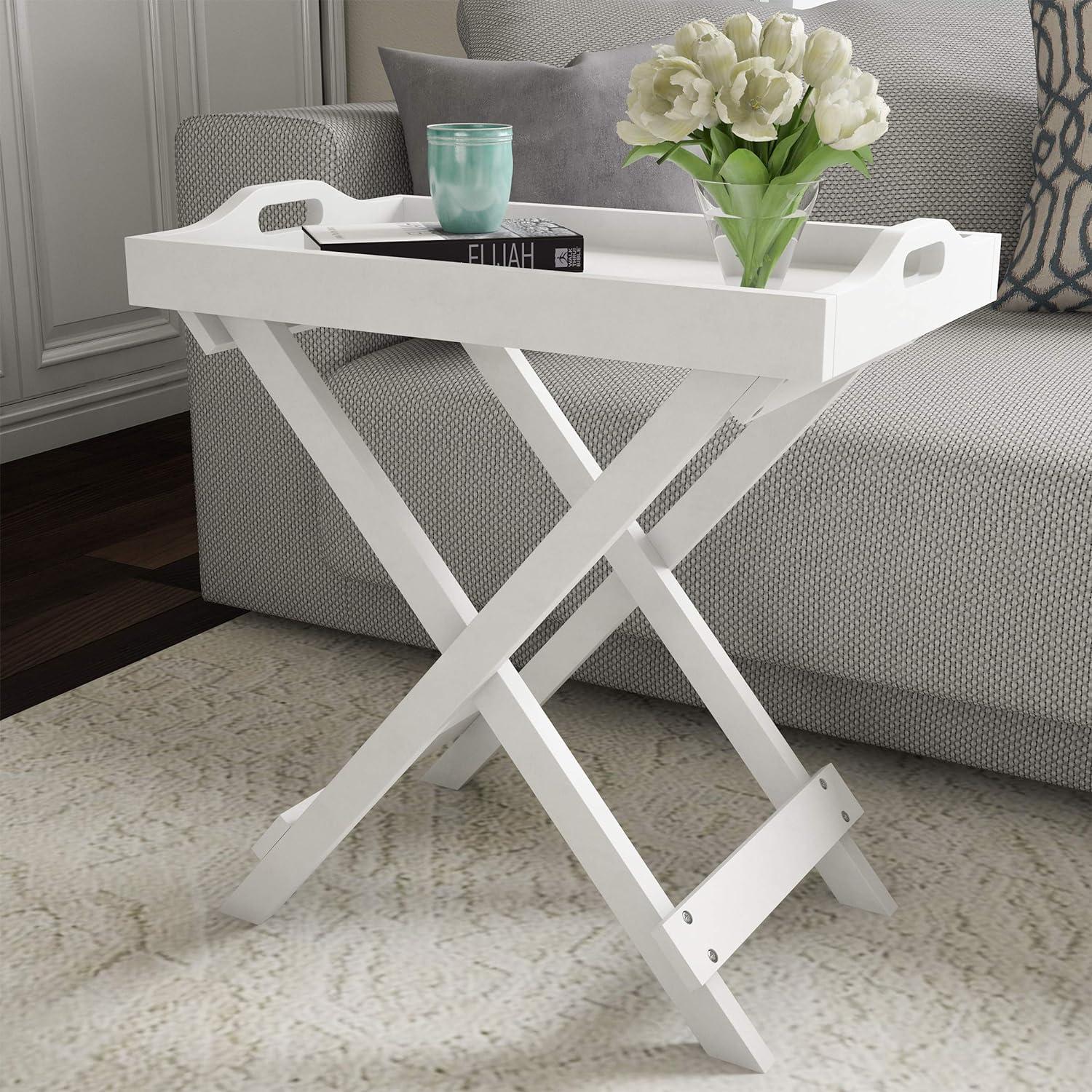 Elegant White Folding End Table with Removable Tray