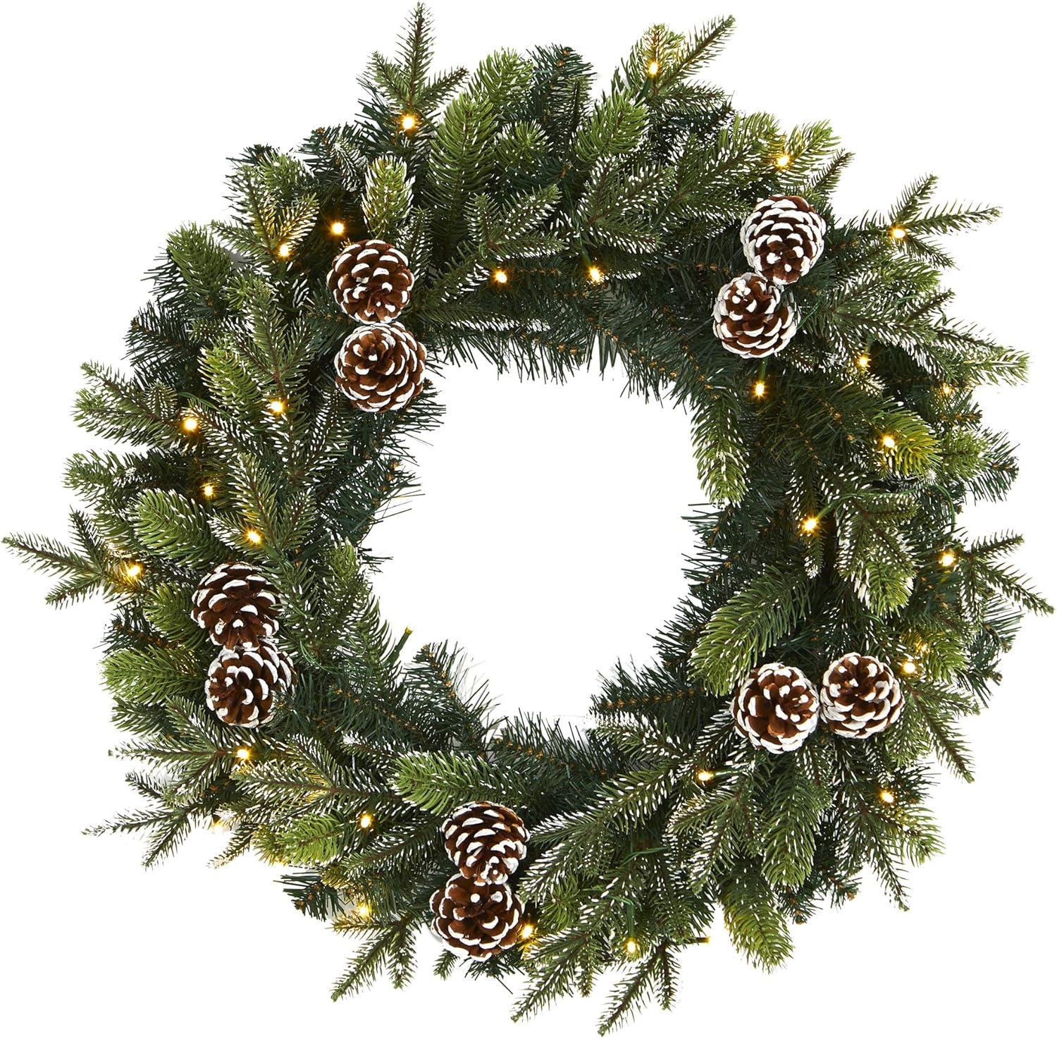 Nearly Natural 24” Snowed Pinecone Artificial Christmas Wreath with 35 Clear LED Lights