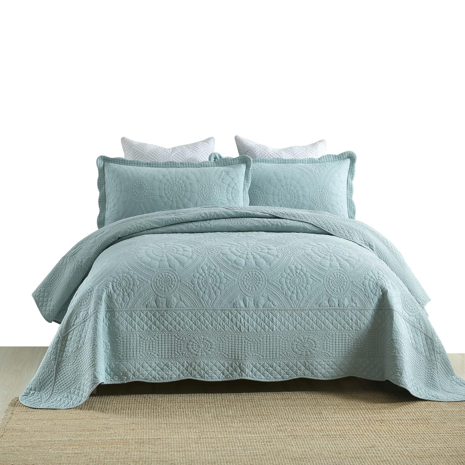 MarCielo  3Pcs 100% Cotton Oversized Quilt Bedspread Coverlet Set TF Angel Blue - Oversized Queen