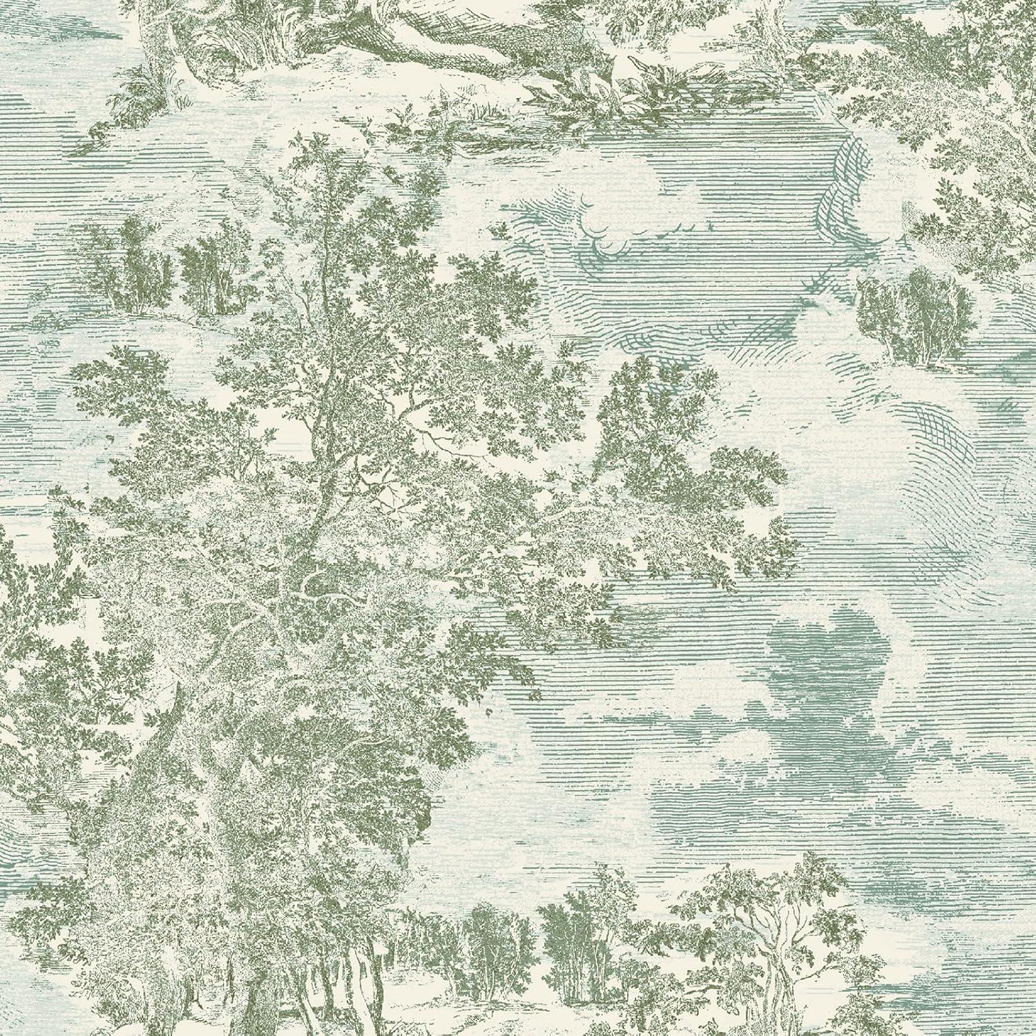 Willow Green Self-Adhesive Scenic Toile Wallpaper