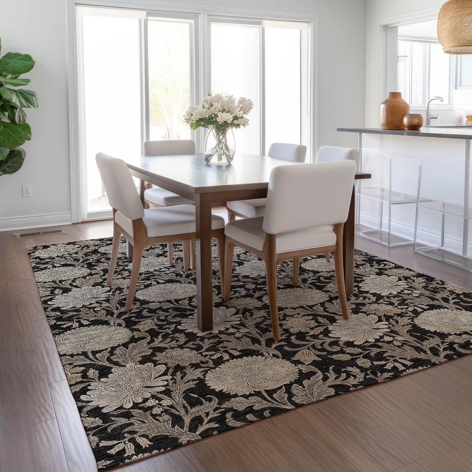 Addison Rugs Chantille Indoor/Outdoor Transitional Floral Black Washable Rectangle Rug, 5' x 7'6"