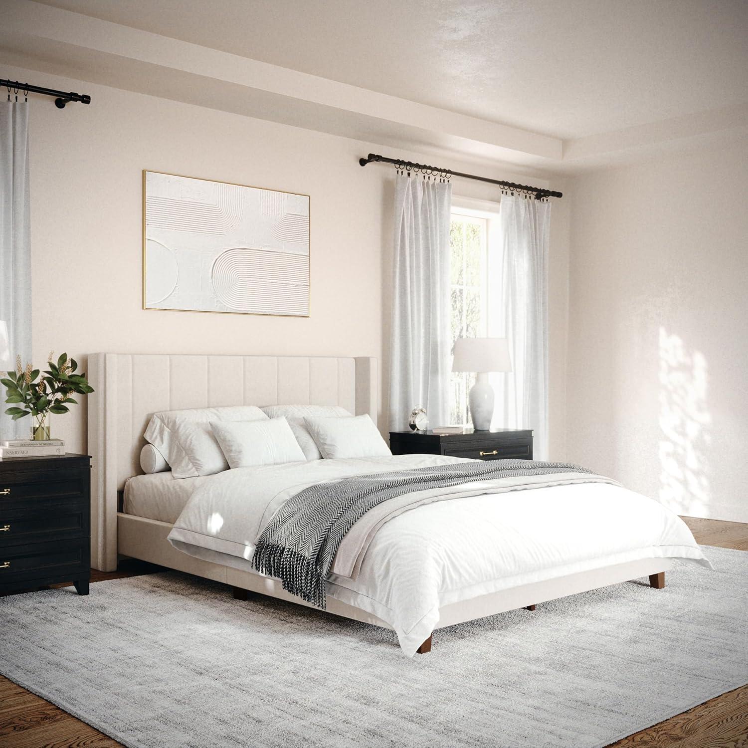 Martha Stewart Martha Stewart Kay Upholstered Platform Bed With Channel Stitched Wingback Headboard