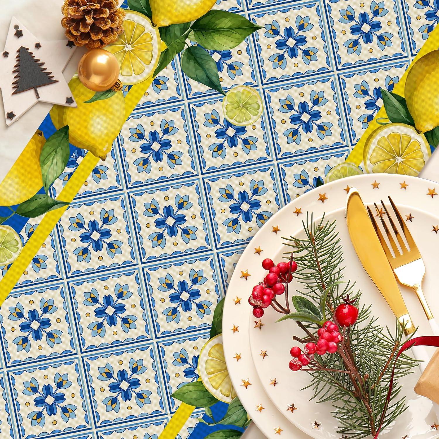 Jbralid Lemon Table Runner Spring Summer Seasonal Yellow Blue Table Runners Farmhouse Kitchen Dining Table Decoration for Indoor Outdoor Home Decor 13x72 Inch