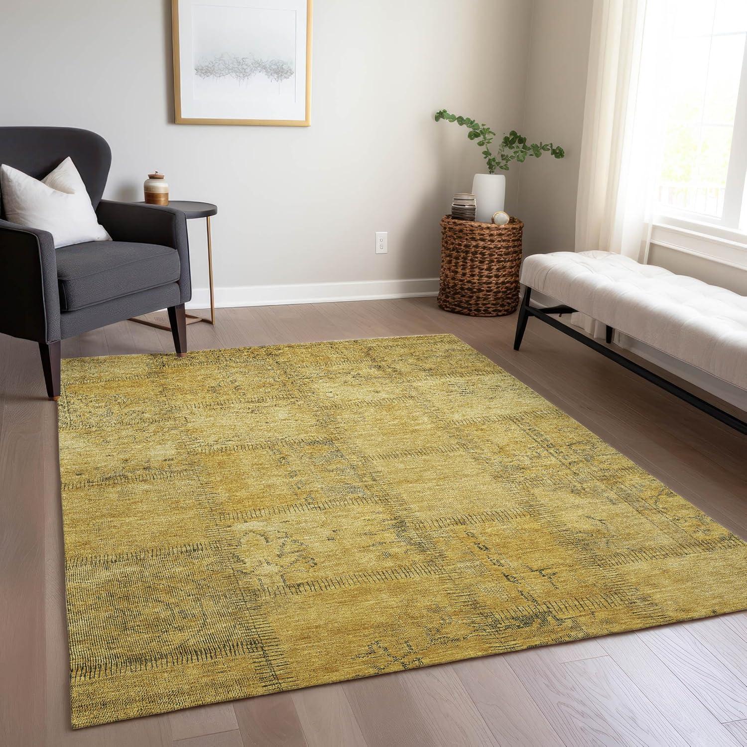 Gold Quilted Mosaic Machine-Washable Indoor Outdoor Rug