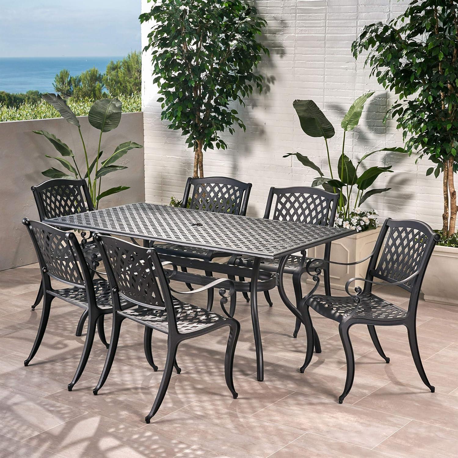 Noble House Cayman 7 Piece Aluminum Patio Dining Set in Black Sand